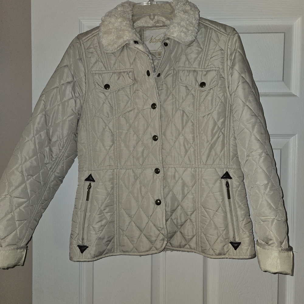 Women's Quilted Puffer Jacket with Faux-Shearling Collar - Cream